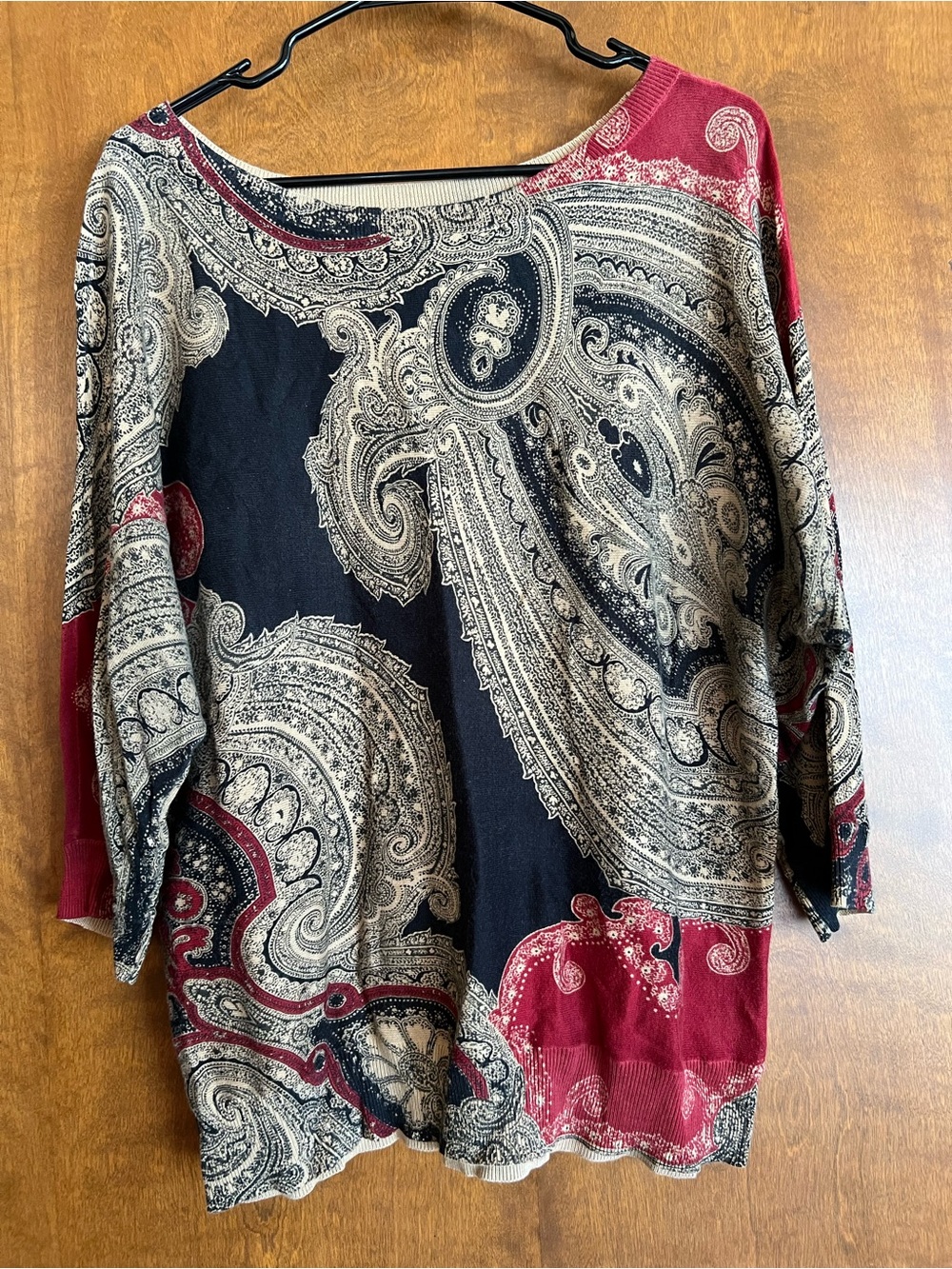 Chaps Black and Red Paisley Long Sleeve Scoop Neck Top